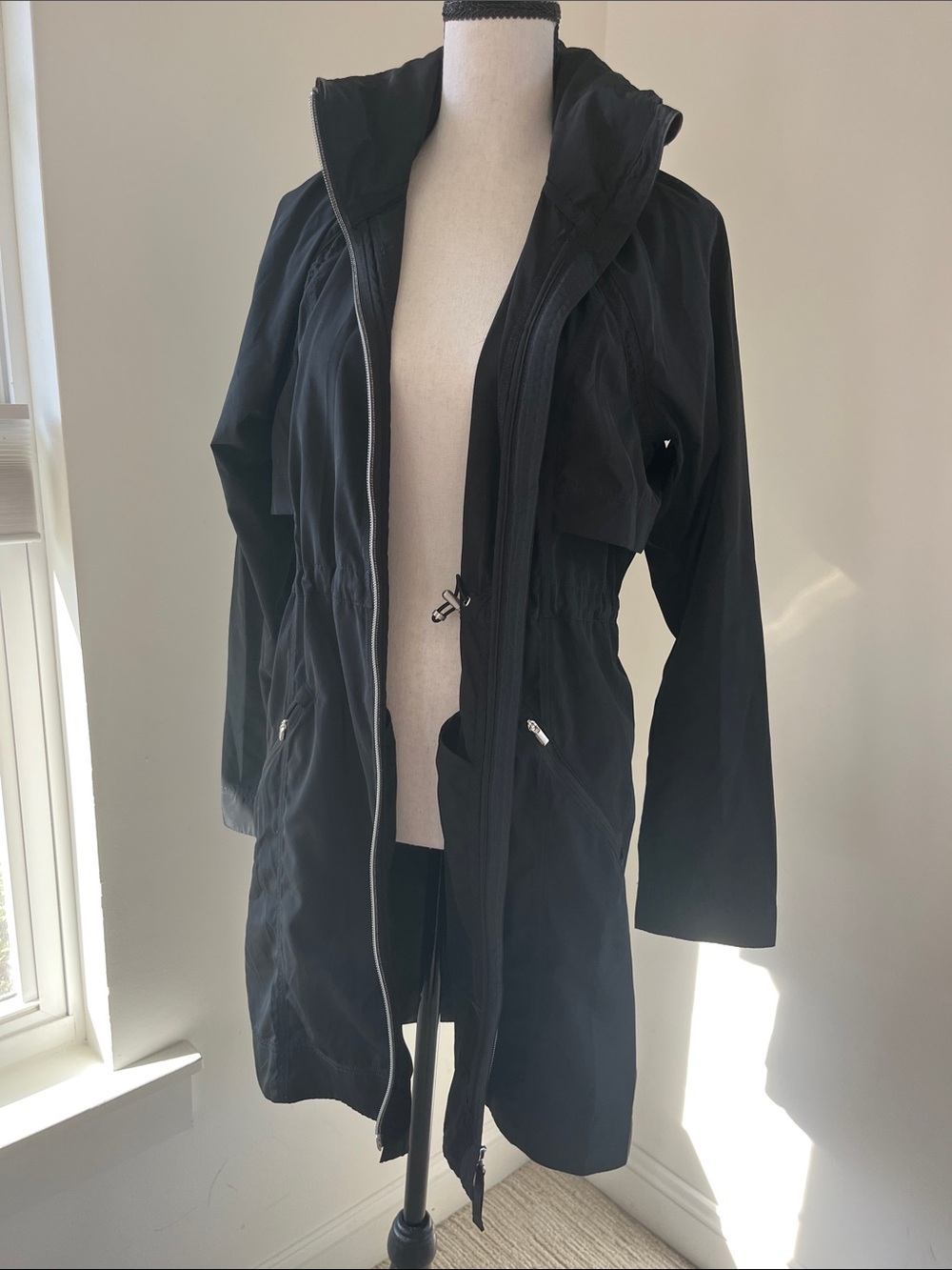 Athleta Black Hooded Trench Coat with interior Drawstring Waist and hood